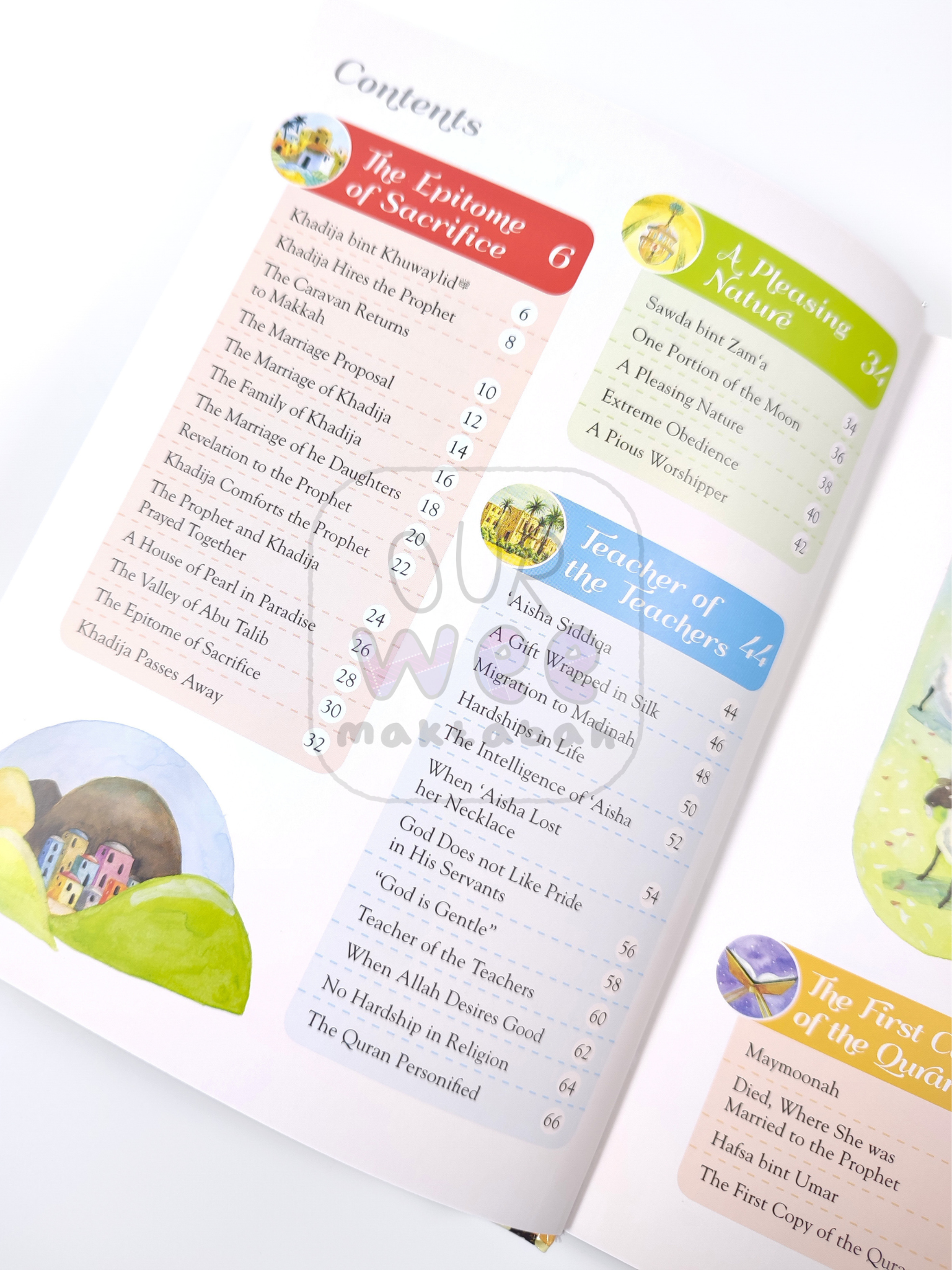 The first contents page of 101 Sahabiyat Stories and Duas - Khadijah, Sawda and Aisha