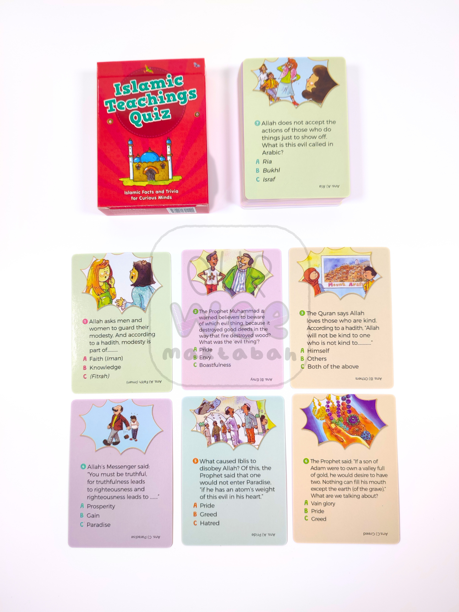 A sample of seven cards from the Islamic Teachings Quiz Cards pack