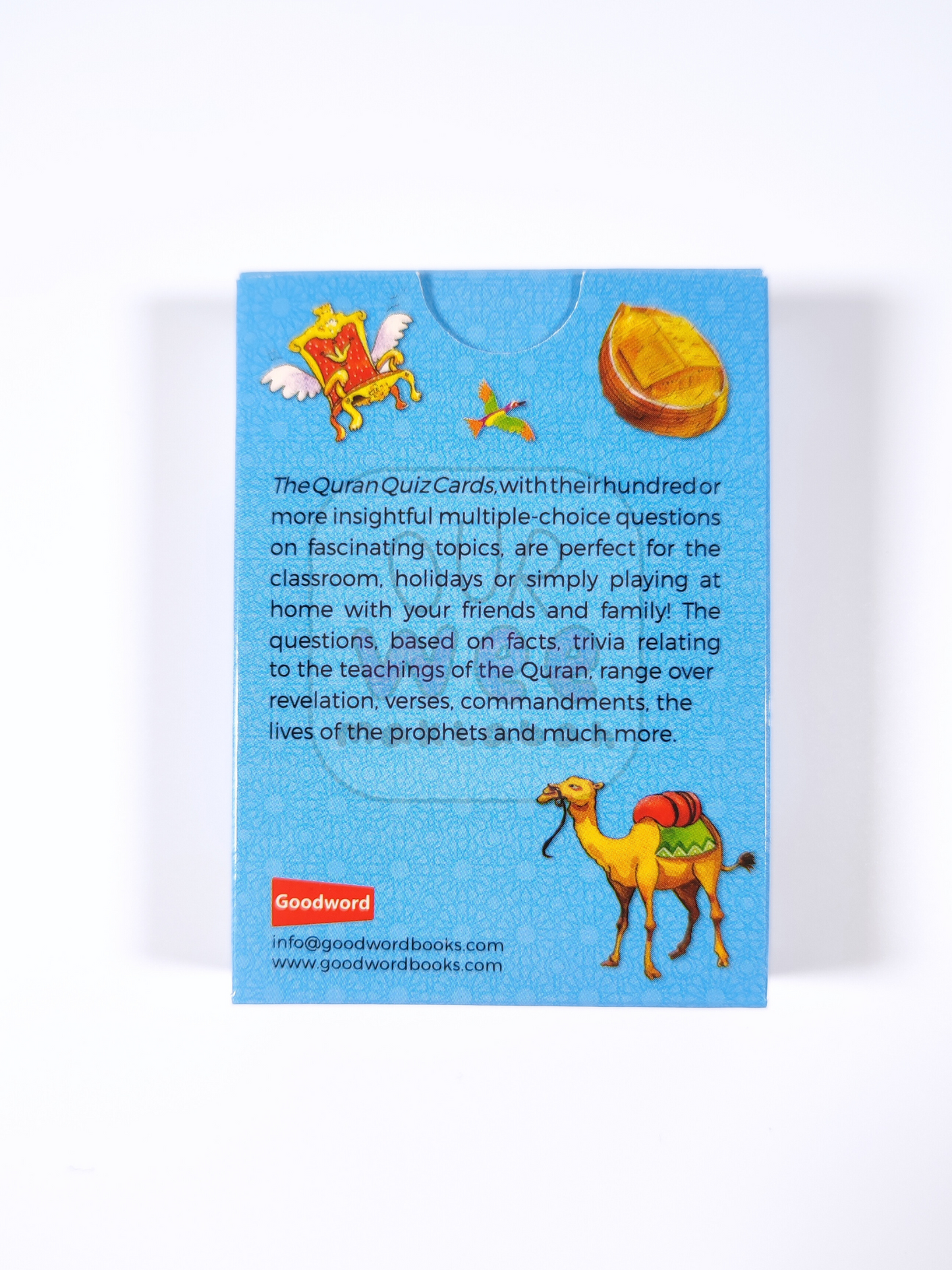 Blue back of the Quran Quiz Cards pack with additional information