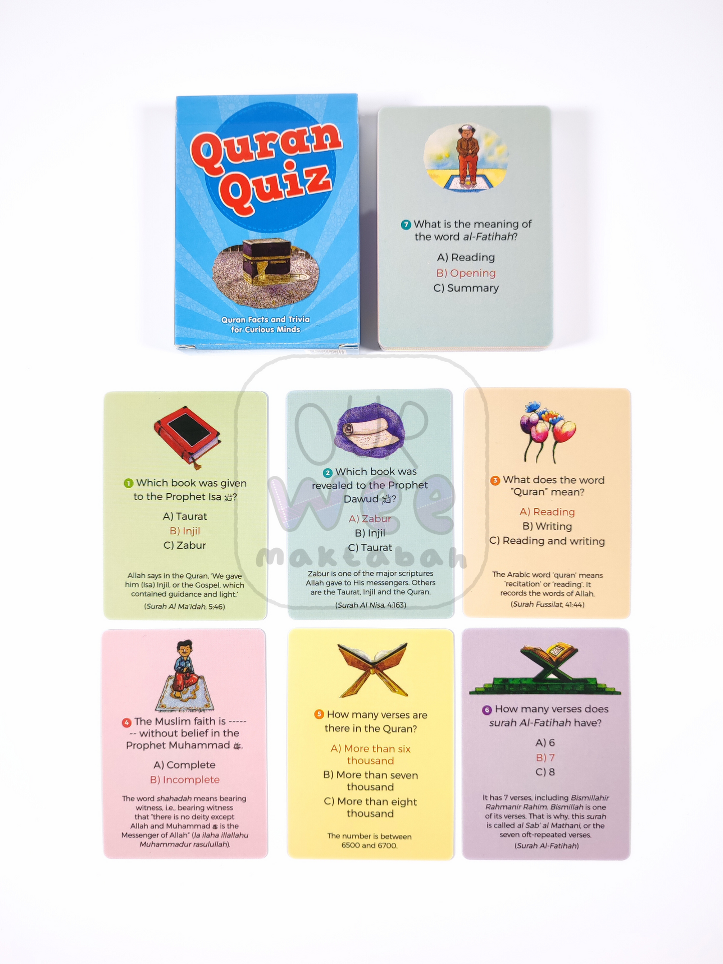 A sample of seven cards from the Quran Quiz Cards pack