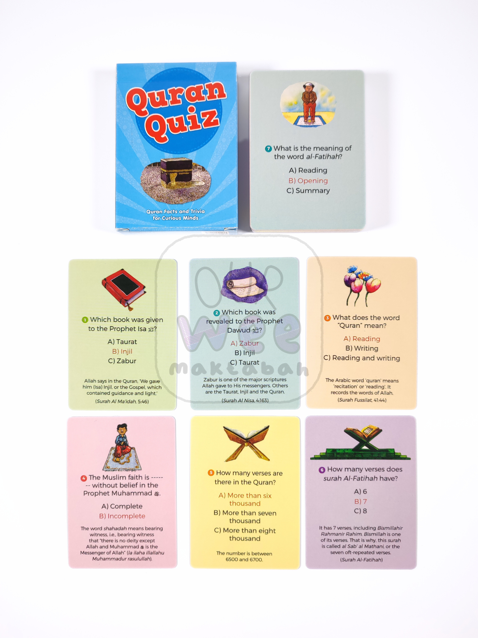 A sample of seven cards from the Quran Quiz Cards pack