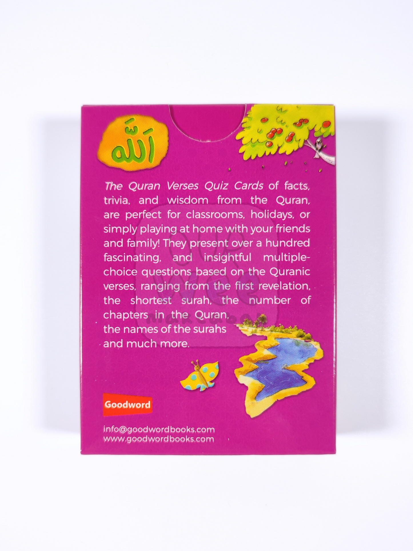 The pink back of the Quran Verse quiz cards pack with information