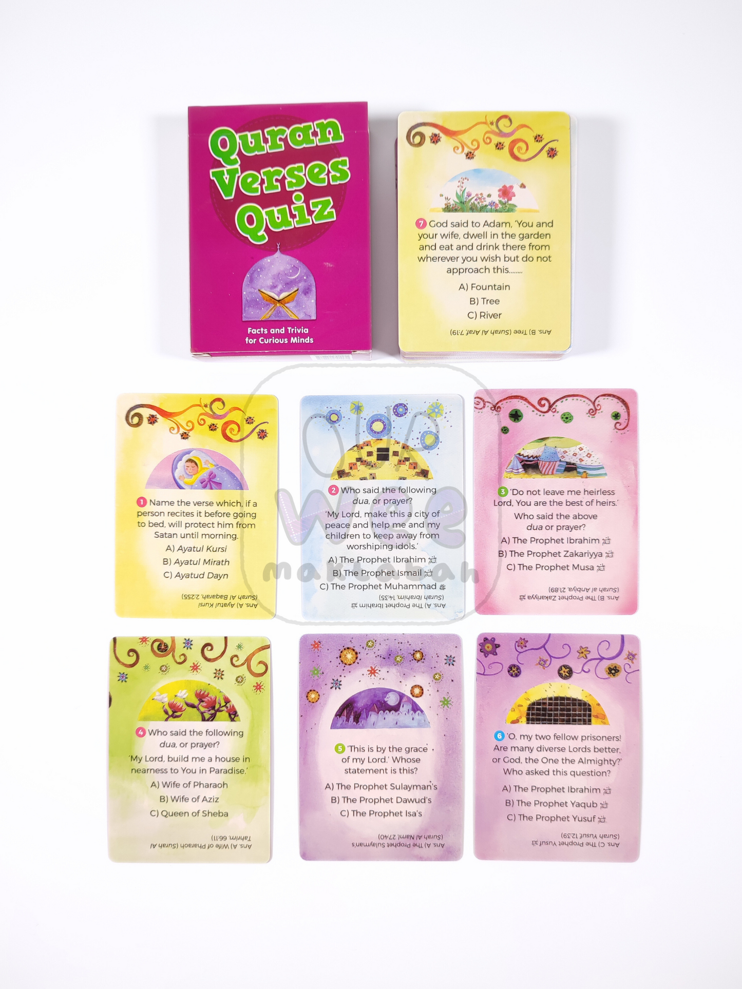 A sample of 7 cards laid out with the Quran Verses quiz card pack