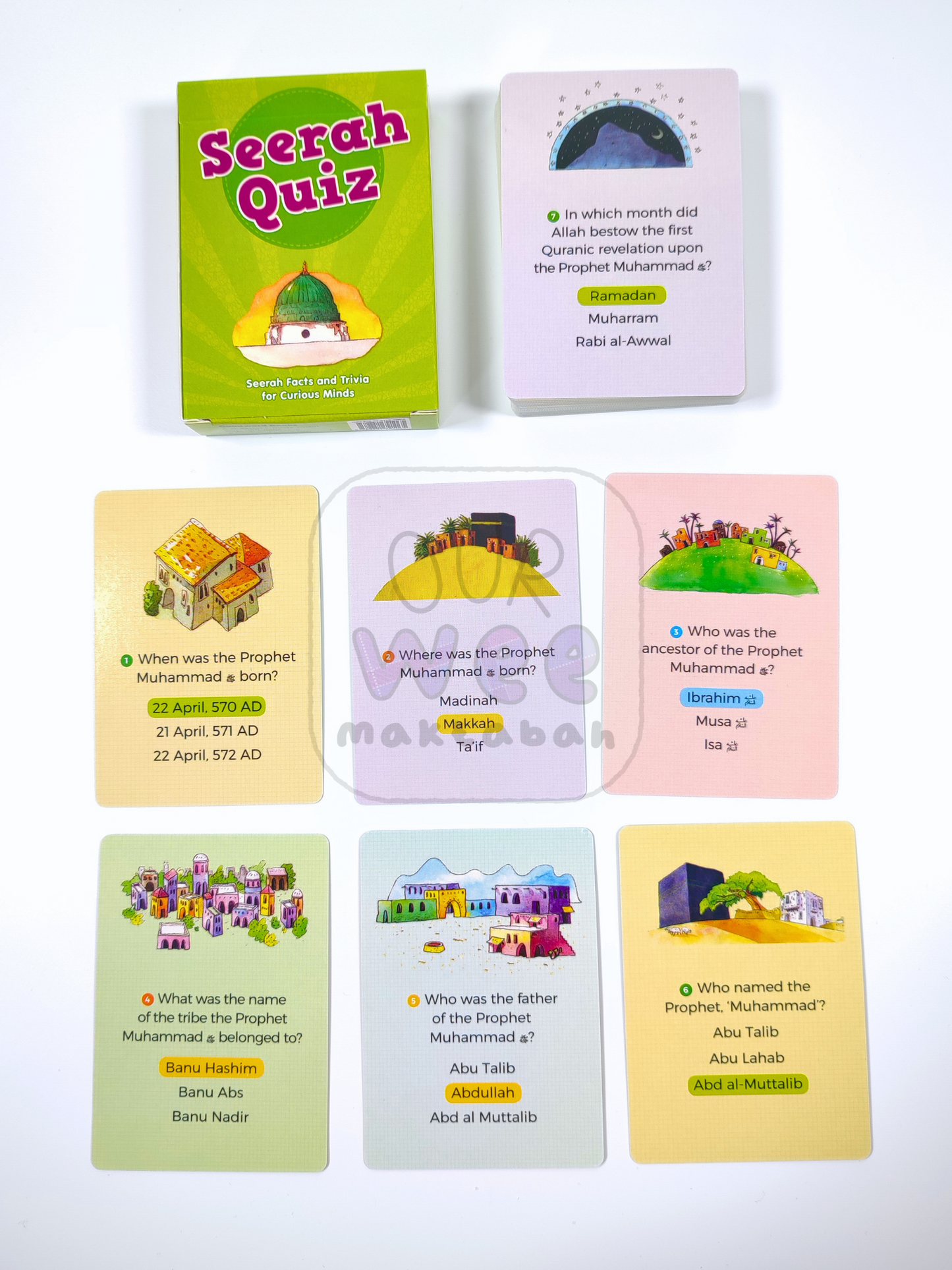 A sample of 7 cards from the Seerah Quiz Cards pack